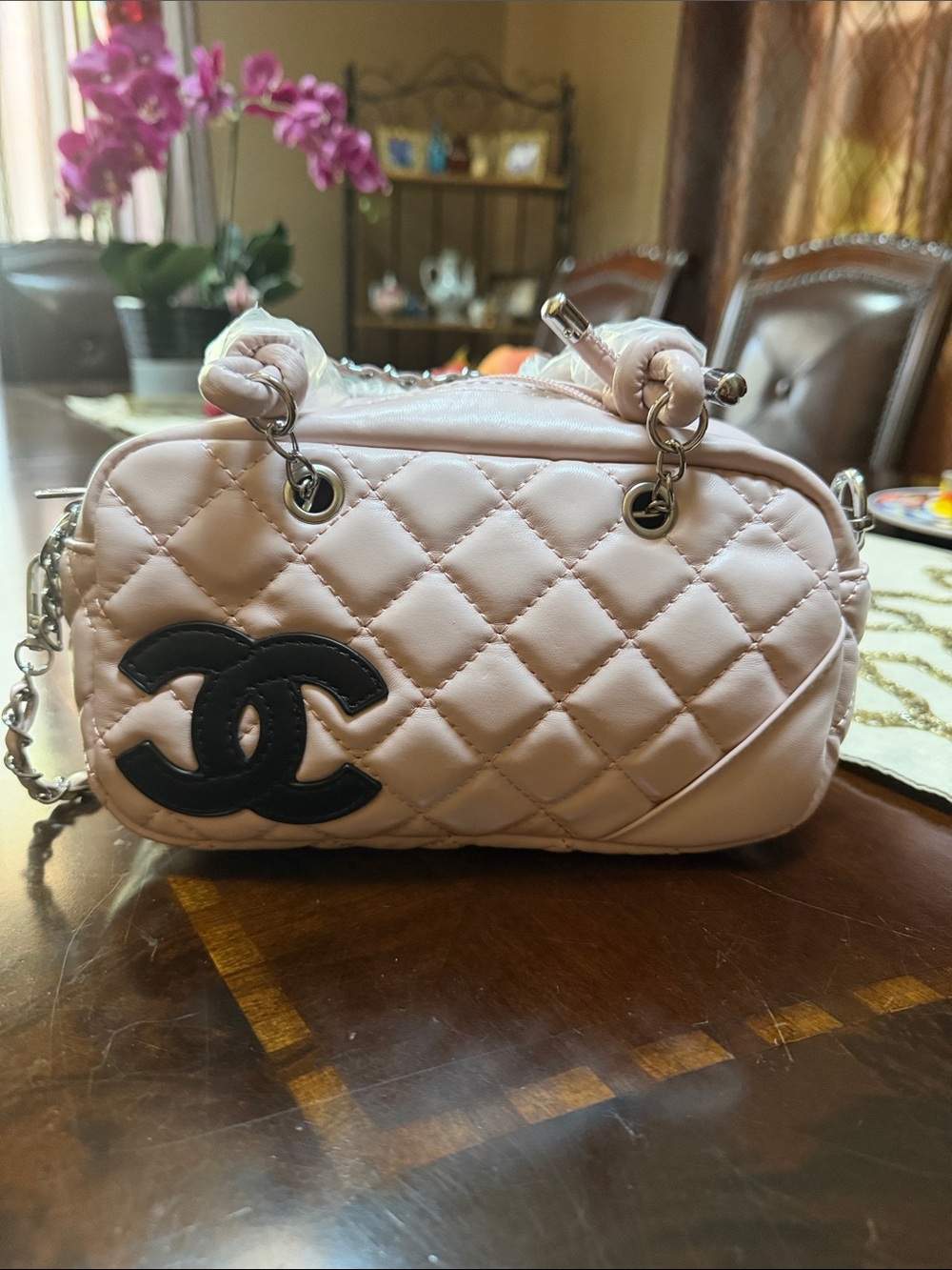 Luxury CC Quilted Mini Barrel Shoulder Bag in Pale Pink with Black CC